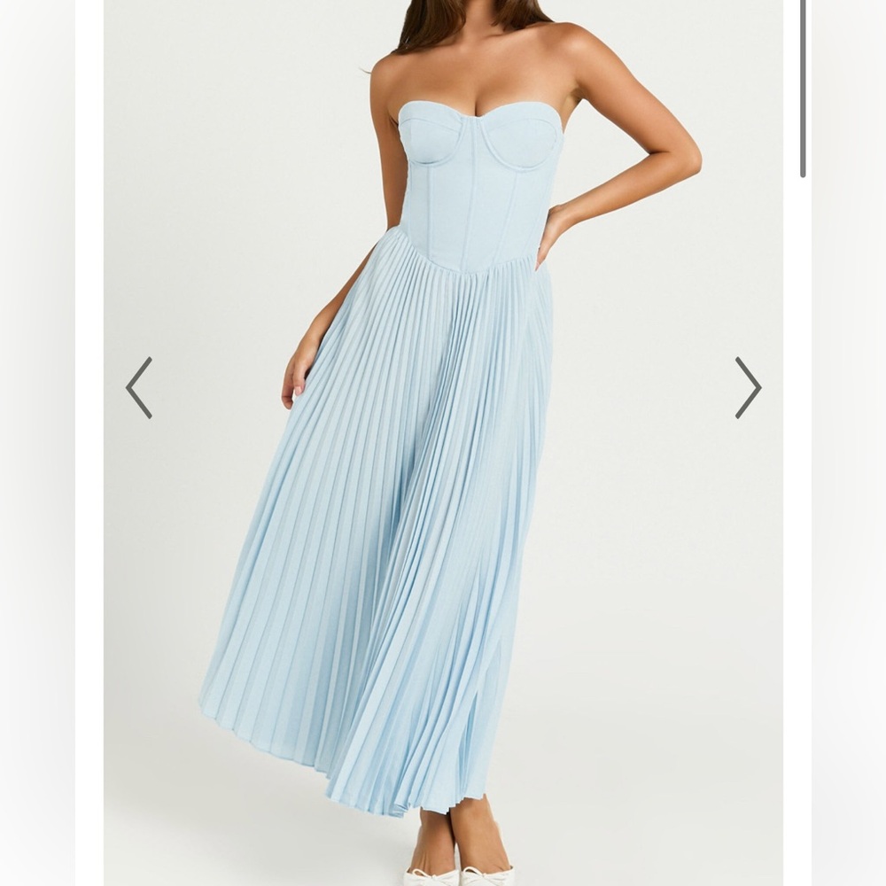 Showpo Loretta Midi Dress- Light Blue Pleated Dress with Corset